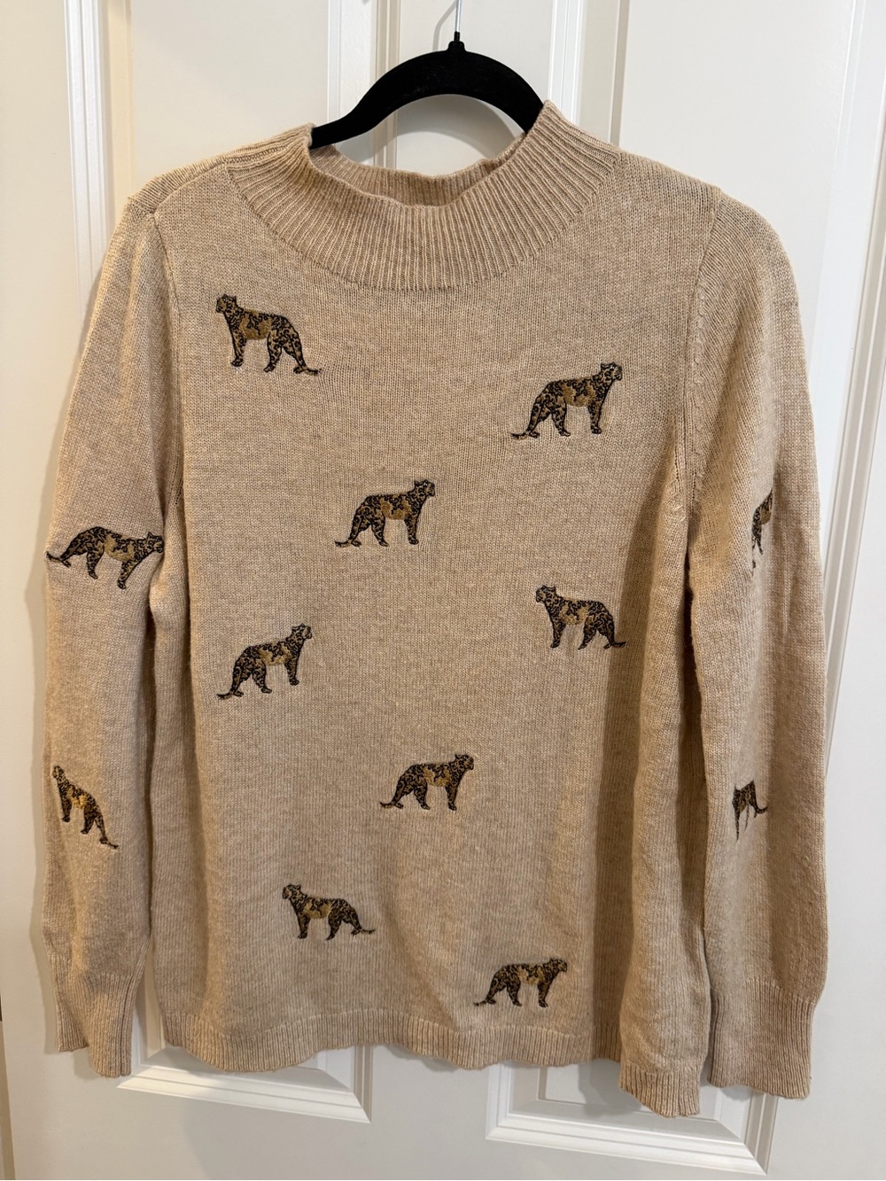 Chico’s embroidered cheetah mock neck sweater, cashmere wool size medium
